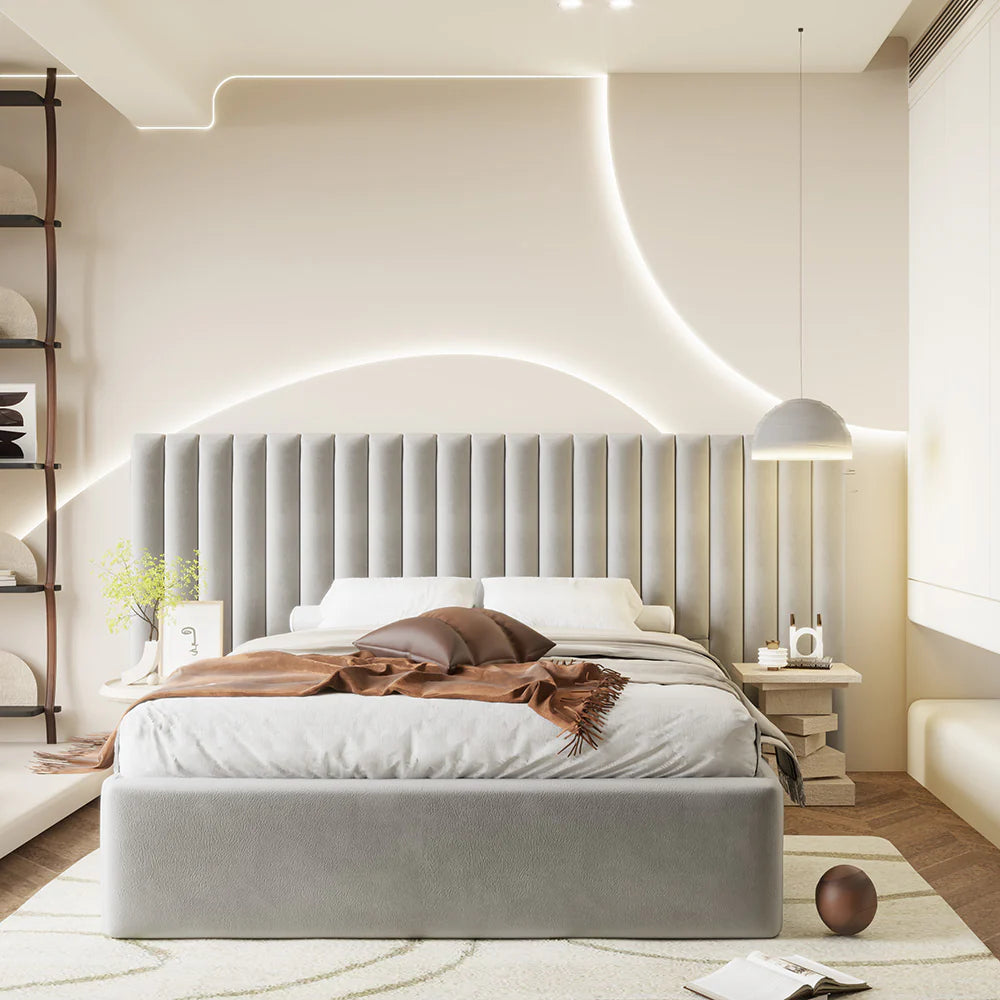 A storage bed with an Fabricated headboard